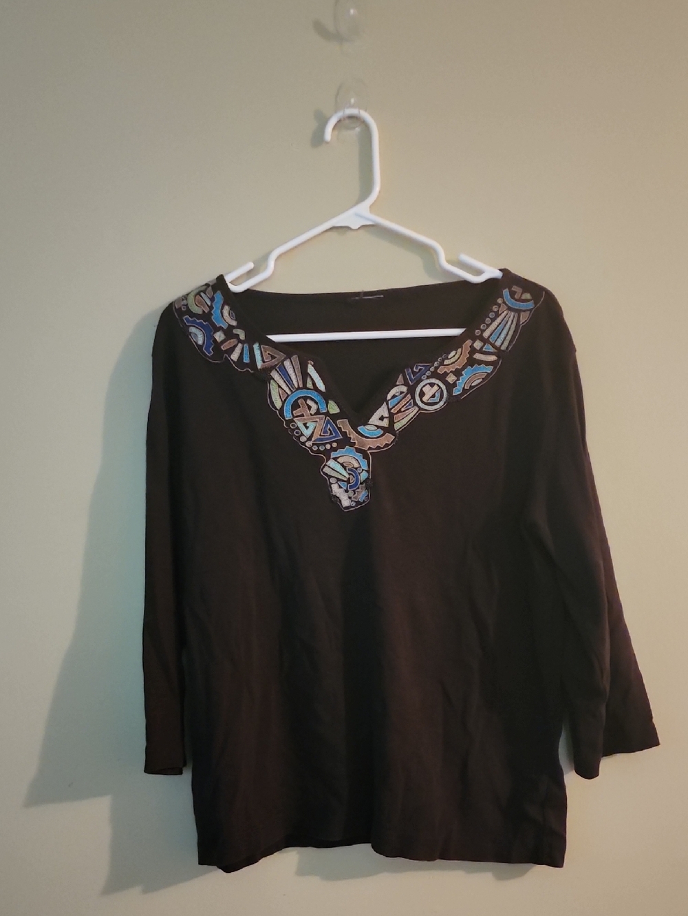 Black Embroidered V-Neck Women's Top